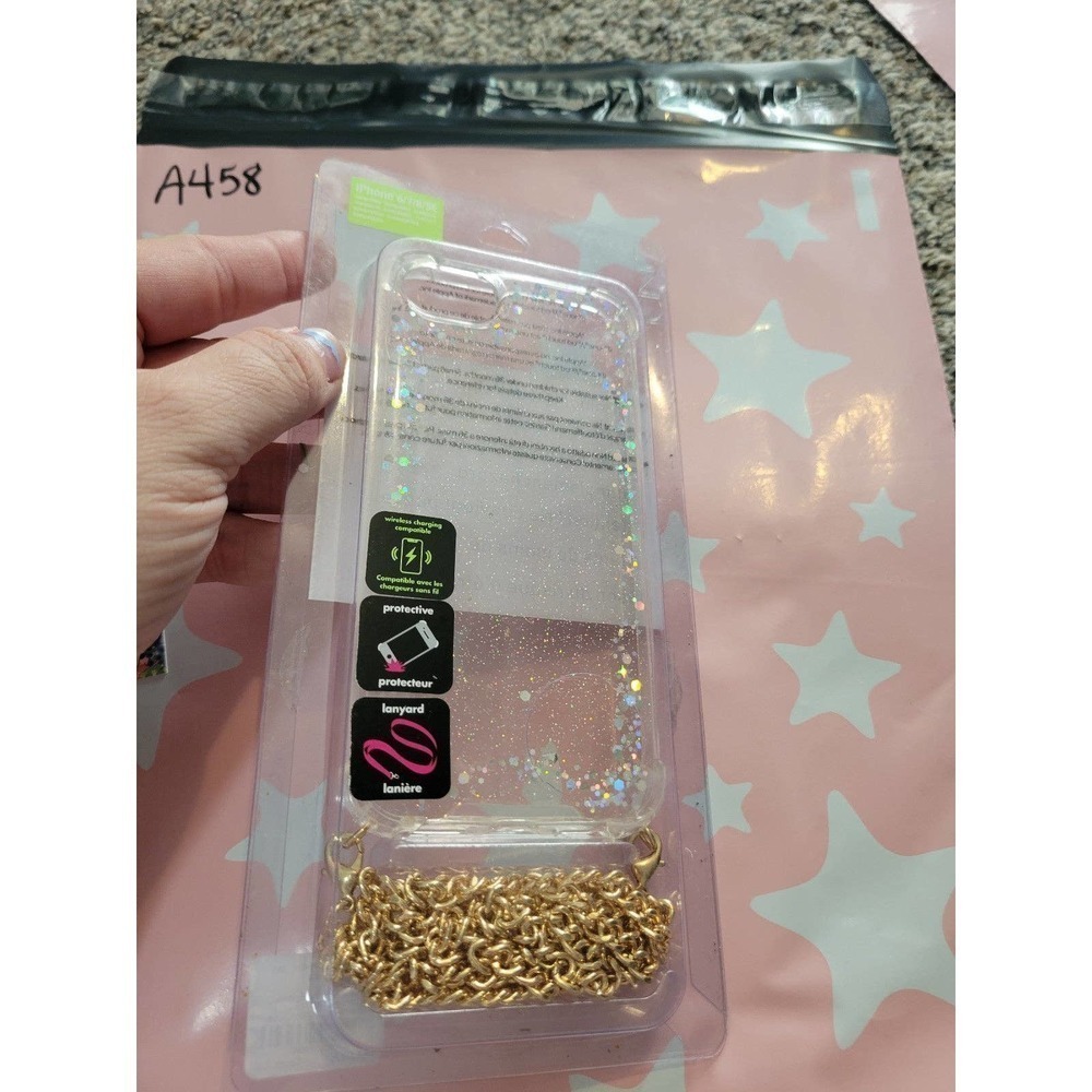 Iphone 6/7/8/SE case Clear With Floating Glitter With Strap Gold Chain Lanyard